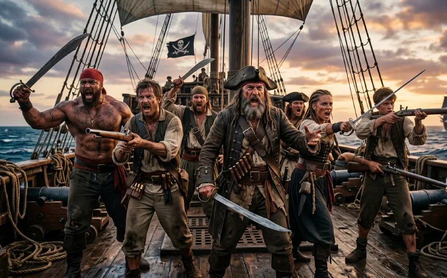 A crew assembled on the deck of a ship