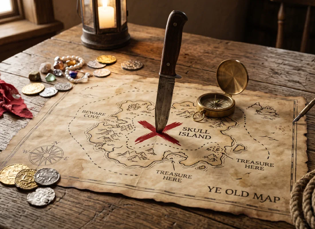 A treasure map with a compass and a marked destination
