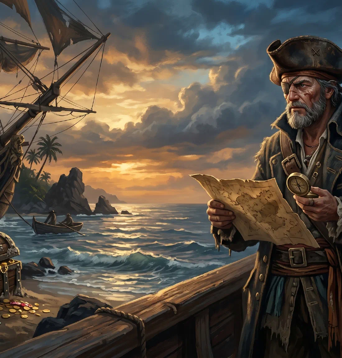 A captain studying a treasure map at sea